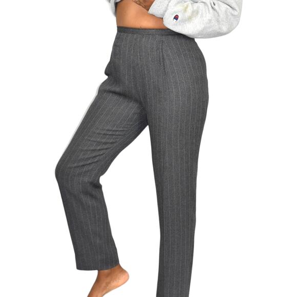 Vintage High Waisted Trousers Grey Striped Dress Pants Tapered Pleated 4 Petite - Picture 2 of 16